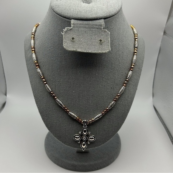 Vintage Napier Silver Tone Spiral Beaded with Bronze Beads Cross Flower Necklace - Picture 1 of 12